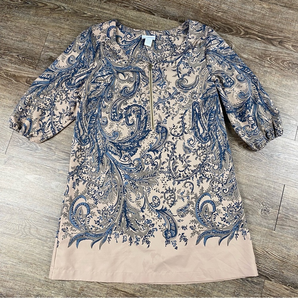 Soft Surroundings Tunic Top Women L Taupe Blue 1/2 Zip Paisley Bubble 3/4 Sleeve